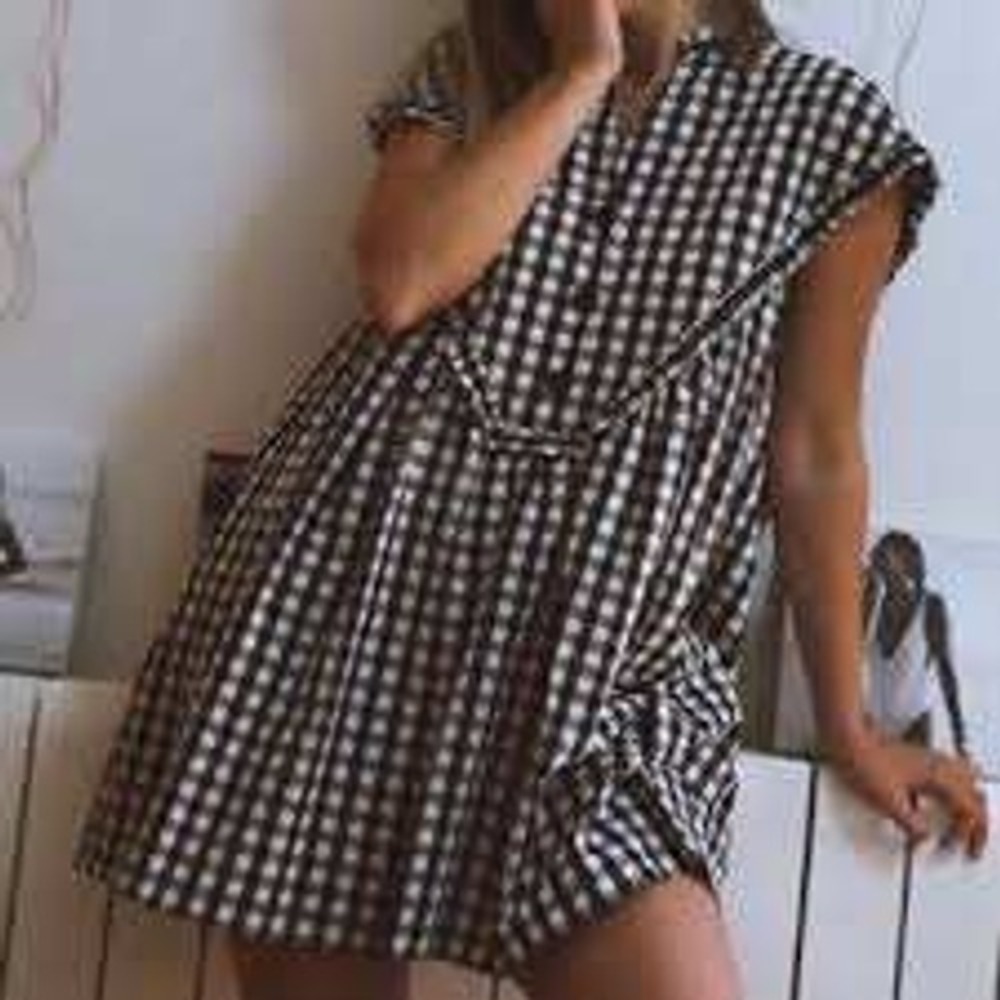 Zara Black White Gingham Romper Dress Ruffle Skirt Overlay Pockets Large